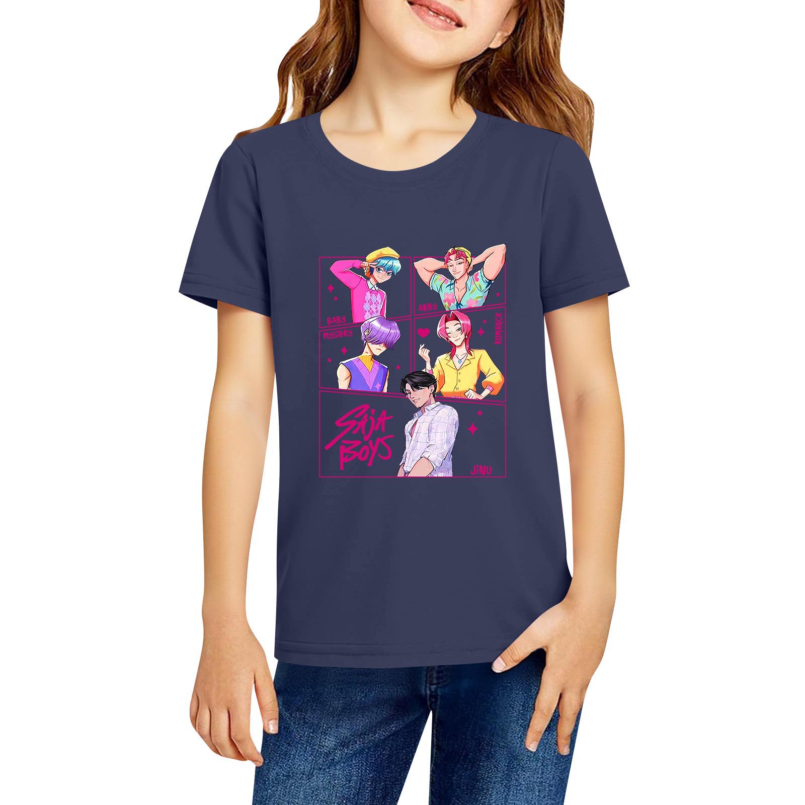 

Модний круглий виріз, короткий рукав, робочий одяг, топи з принтом для дитини, літні топи 120 Темно-синій