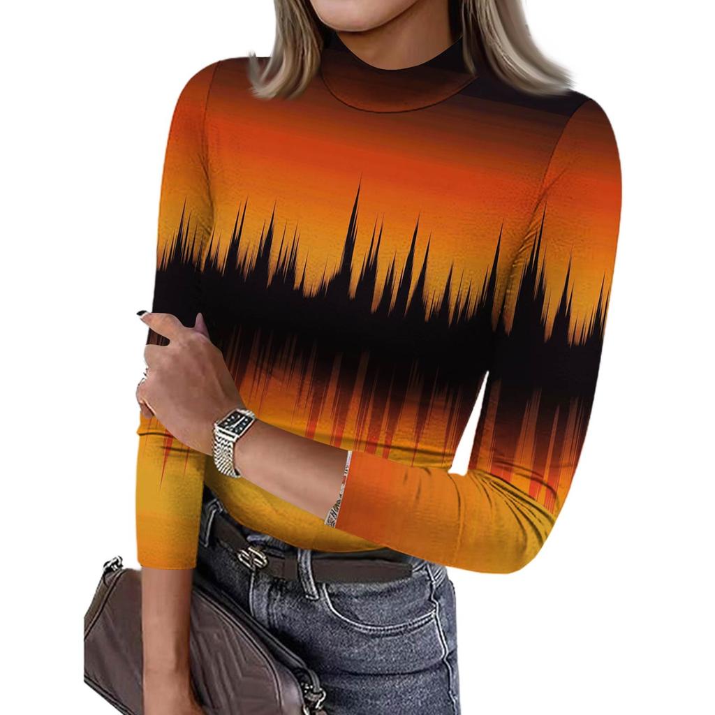 Damen Slim Bottom T-Shirt Mode Lässig Farbverlauf Druck Rundhals Pullover 3/4 Ärmel Top