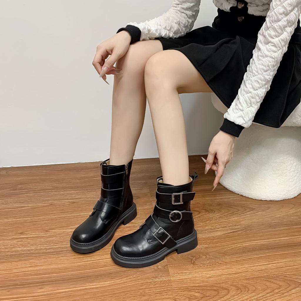 Korean version of knight boots women's belt buckle thick-soled heightening women's boots winter 2025 new retro western cowboy boots