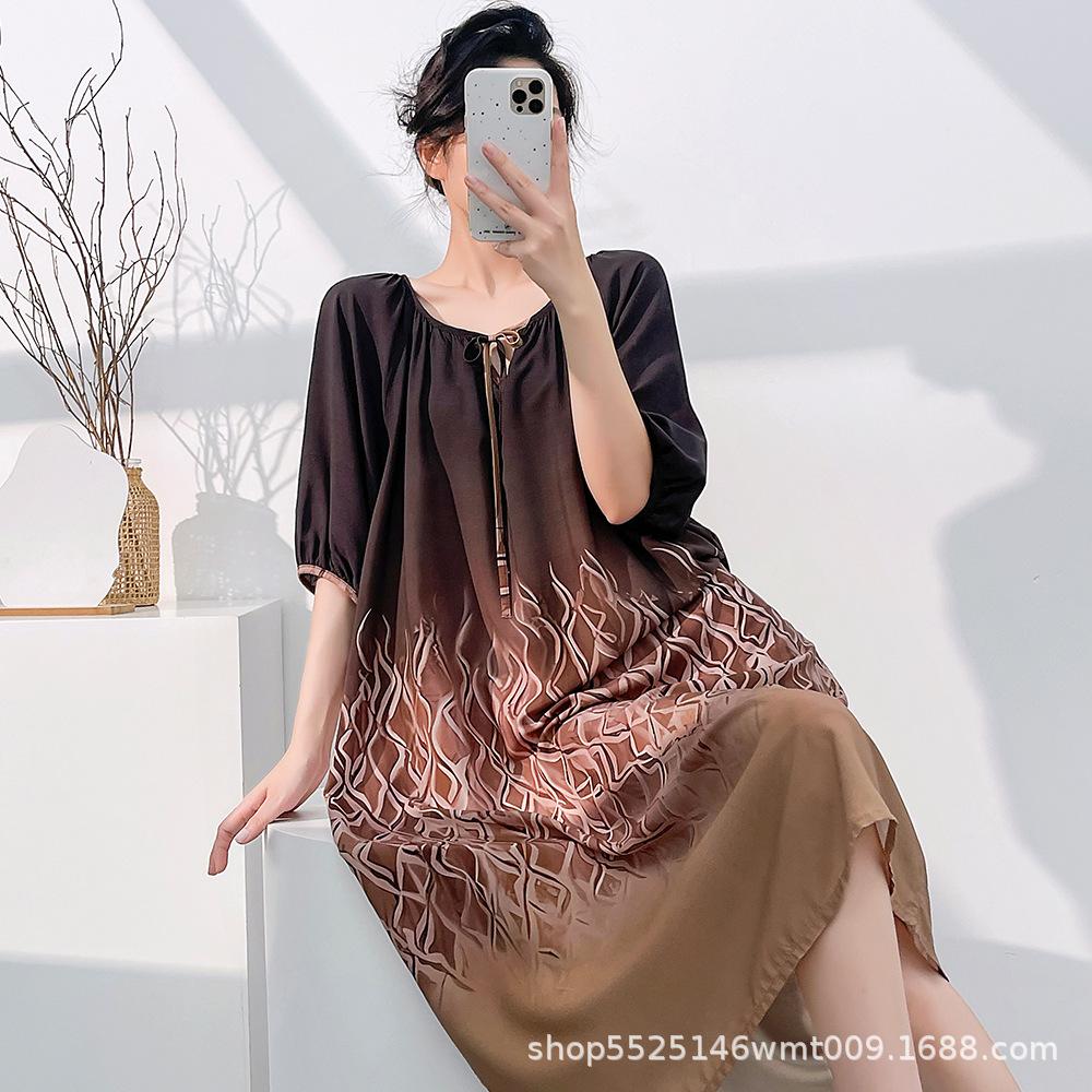 1011 Mu Zhensi's new cotton and silk summer dress loose round neck dress printed skirt nightdress vacation style