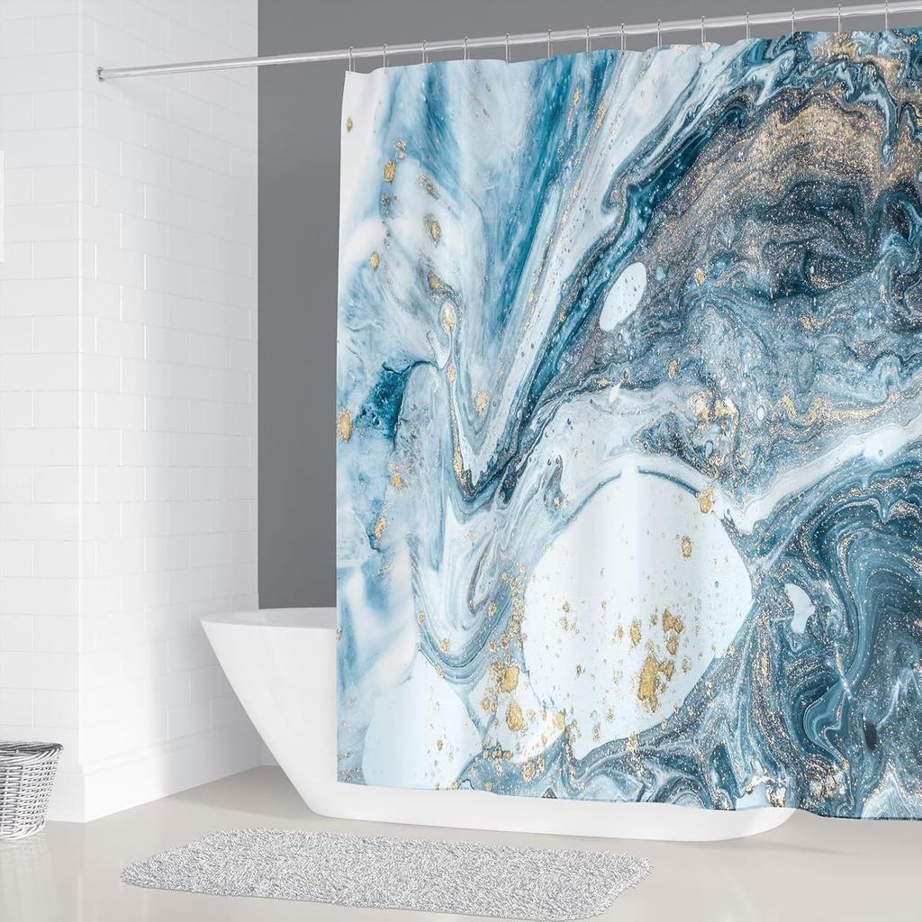 Blue Marble Shower Curtain - Abstract Modern Ink Art, Waterproof Polyester, 72x72In, 12 Hooks