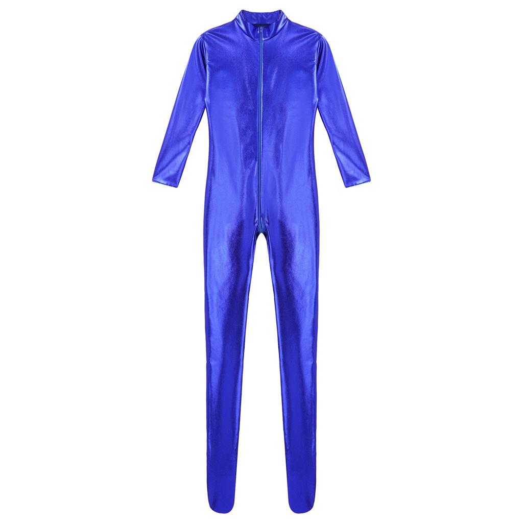 S-3XL Women's Front Zipper Full Body Jumpsuit, Metallic Shiny Long Sleeve Unitard Tights for Stage Performance & Club