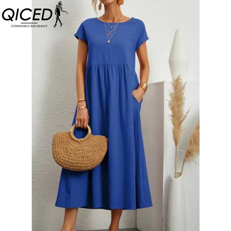 QICED Women's Fashion Summer Spring Solid Color Print Short Sleeve O-Neck Casual Dresses