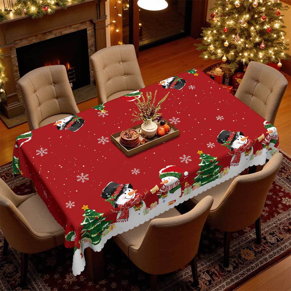 Christmas Tablecloth, Christmas Red And White Tablecloth, Snowman Christmas Tree Gift, Waterproof Wavy Edge, Home Table Decoration