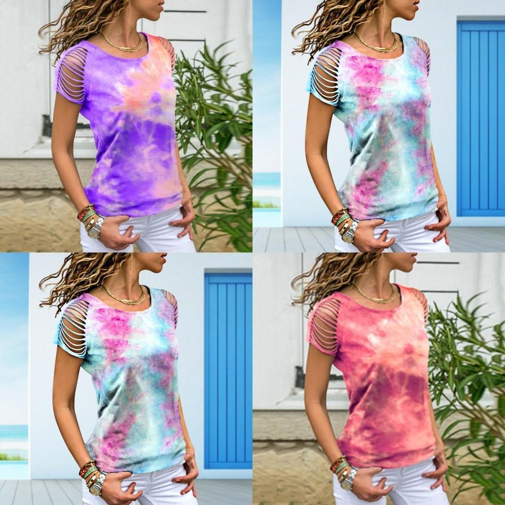 Womens Vibrant Tie-dye Printed Tops Casual Short Sleeve Blouse Perfect For Summer