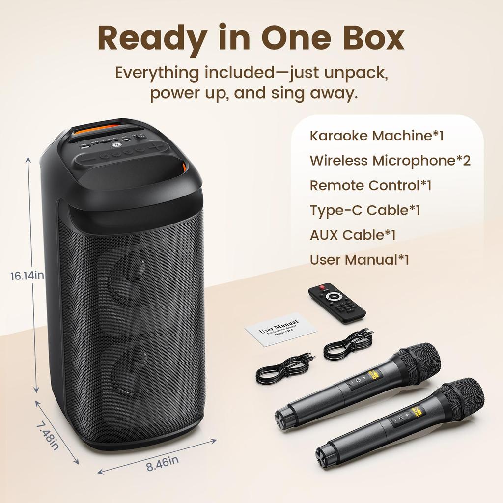 Karaoke Machine with 2 Wireless Microphones, Portable Bluetooth Karaoke for Adults, Powerful Dual 8" Subwoofer Karaoke Boombox