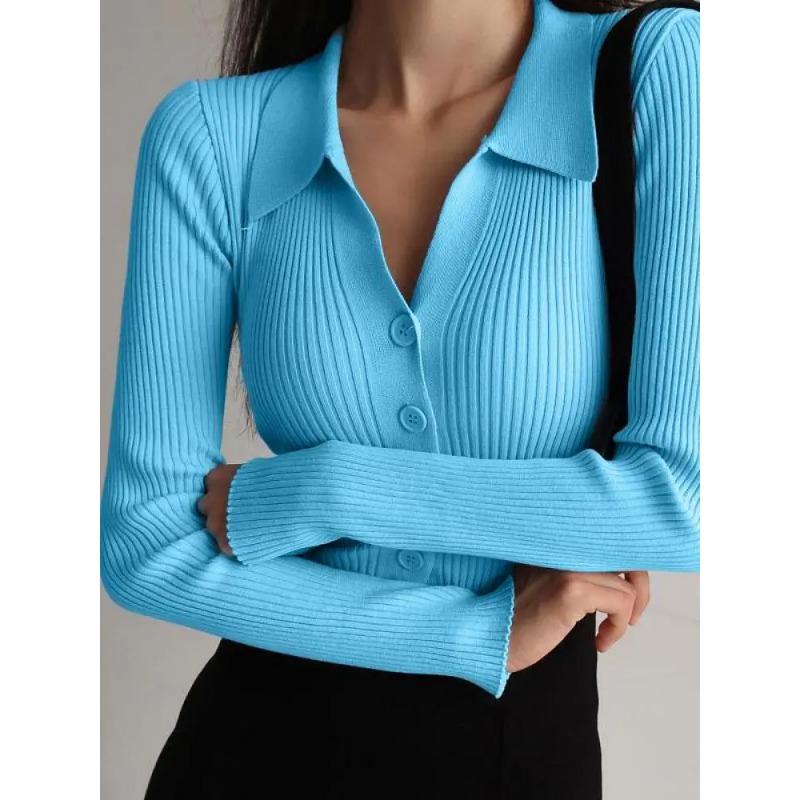

2024 Дамские пуговицы Сексуальный V-образный вырез Длинный рукав Поло воротник Вязаный кардиган свитер Женщины Лацкан Тонкий Топы XL небесно-голубой