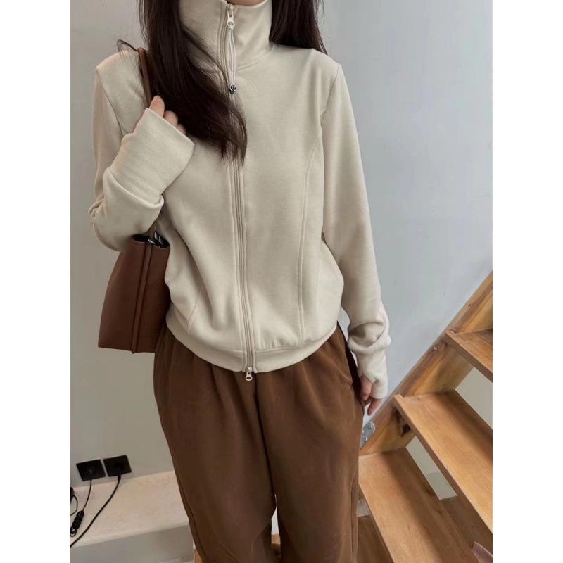 

Женская базовая рубашка с длинными рукавами на молнии из немецкого бархата в корейском стиле, новая осенне-зимняя, свободная, облегающая, с воротником-стойкой, толстовка, кардиган, куртка S