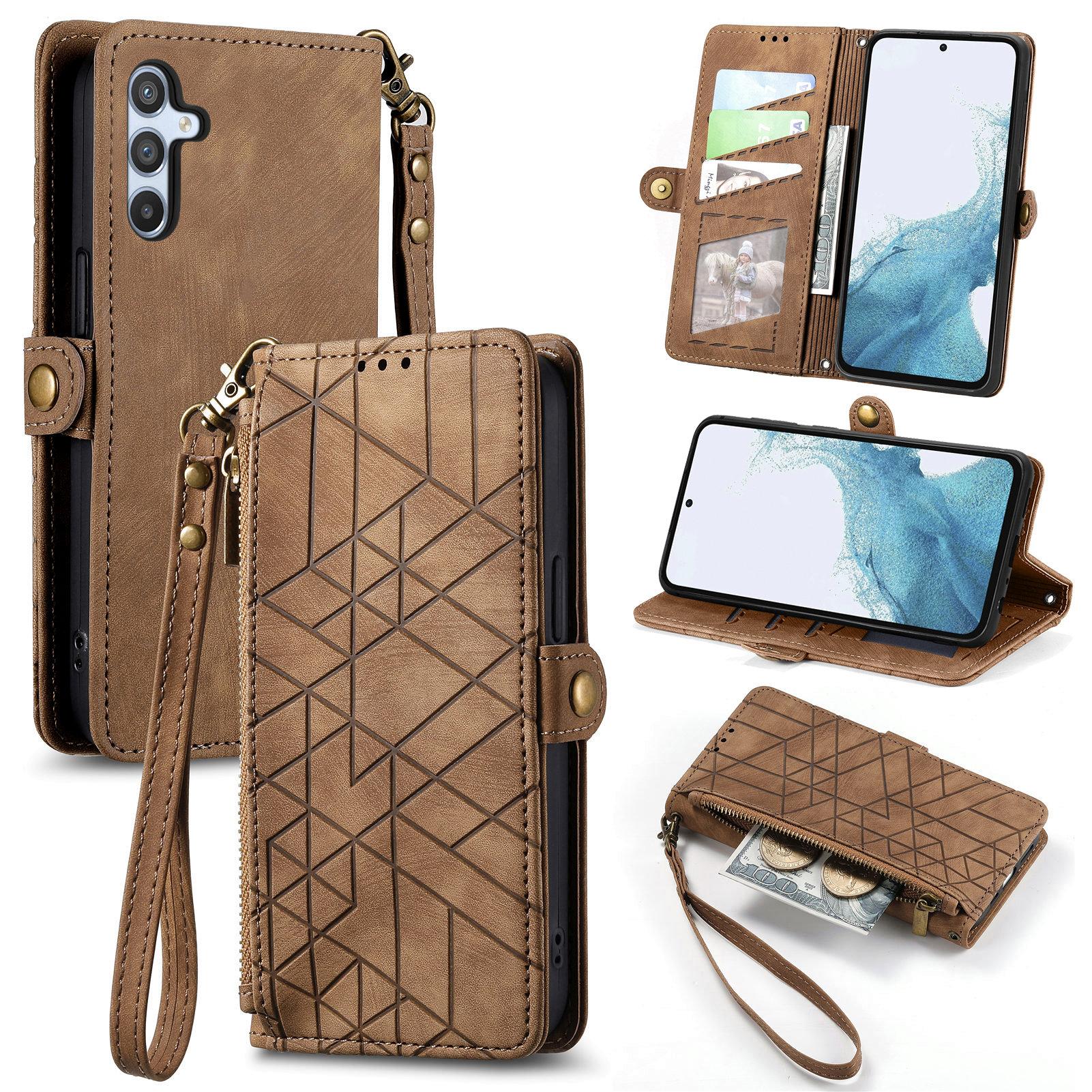 

For Samsung Galaxy A56 5G Case Zipper Wallet Geometry Lines Leather Phone Cover Brown