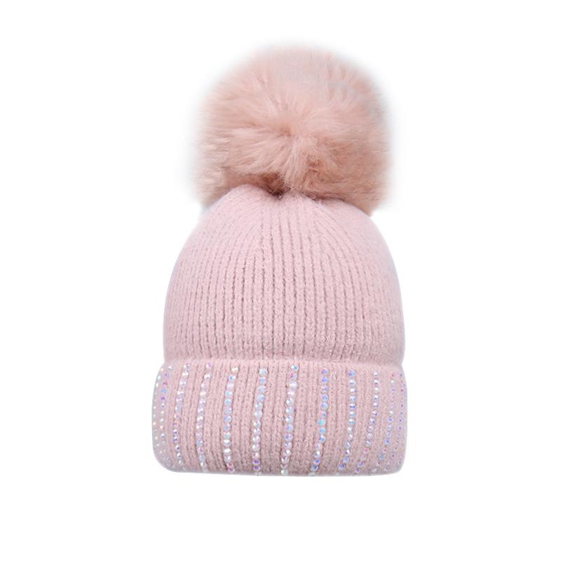Autumn and winter rhinestone hairball knitted hat for men and women, piled and thickened cold-proof and warm wool hat, European and American outdoor p