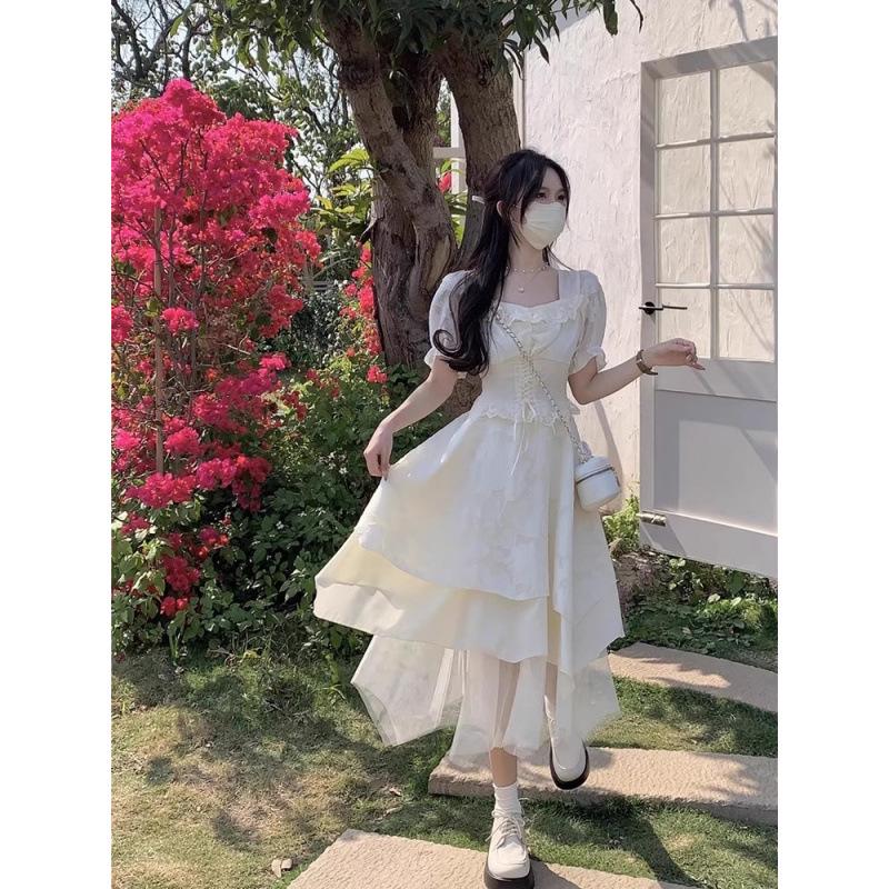 Summer French-Inspired Short-Sleeved Dress: Waist-Slimming, Tea-Length, Sweet Long Skirt