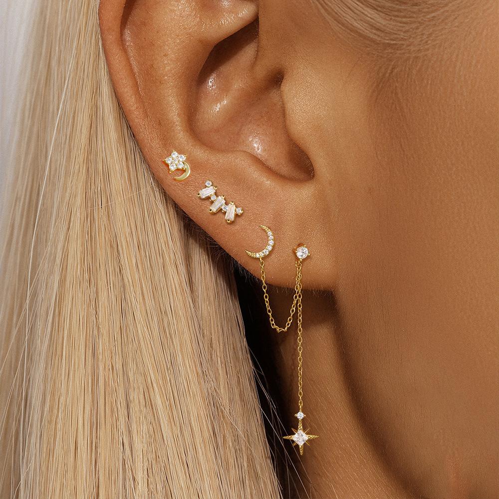 New Arrival 3PCS Stainless Steel Fashion Tassel Chain Stud Piercing Earrings Set For Women Zircon Wedding Party Jewelry Gifts
