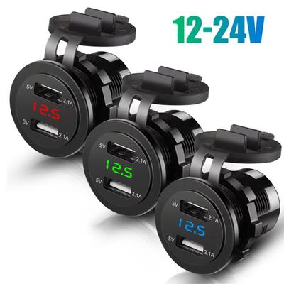 12V/24V Car Charger 4.2A Dual USB Cigarette Lighter Motorcycle Charger Socket with LED Voltmeter for Vehicle Boat Phone Charger