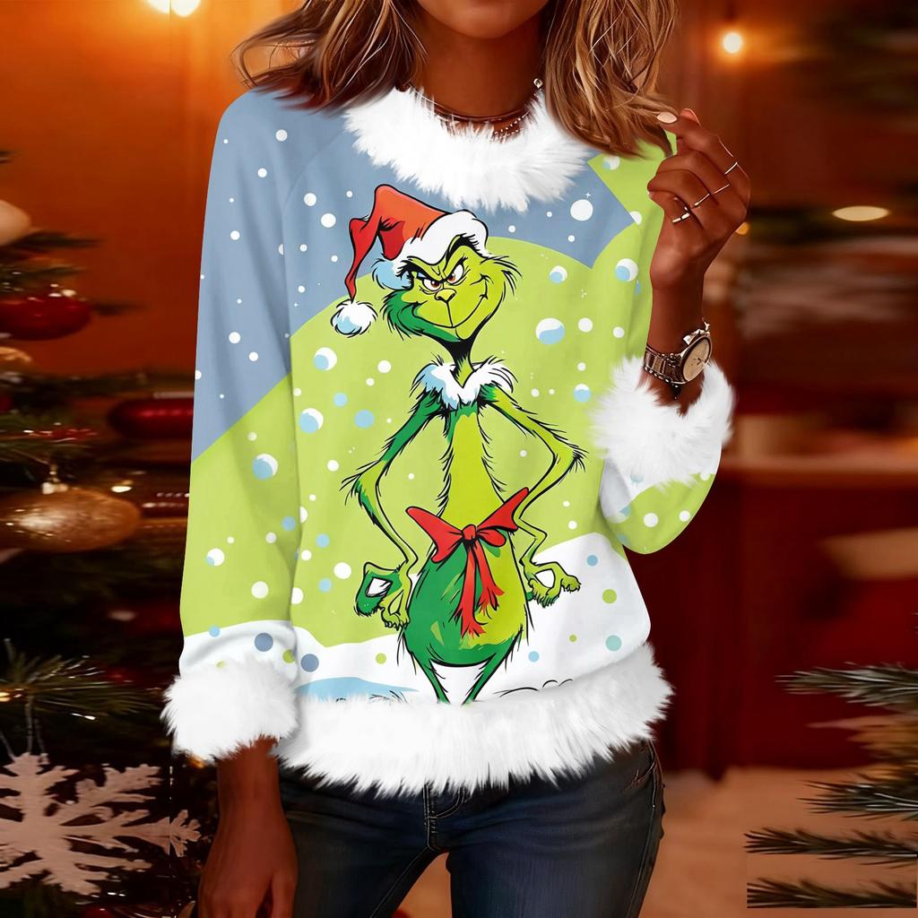 Women's Fashionable Christmas Printed Round Neck Long Sleeved Casual Pullover T-shirt Top