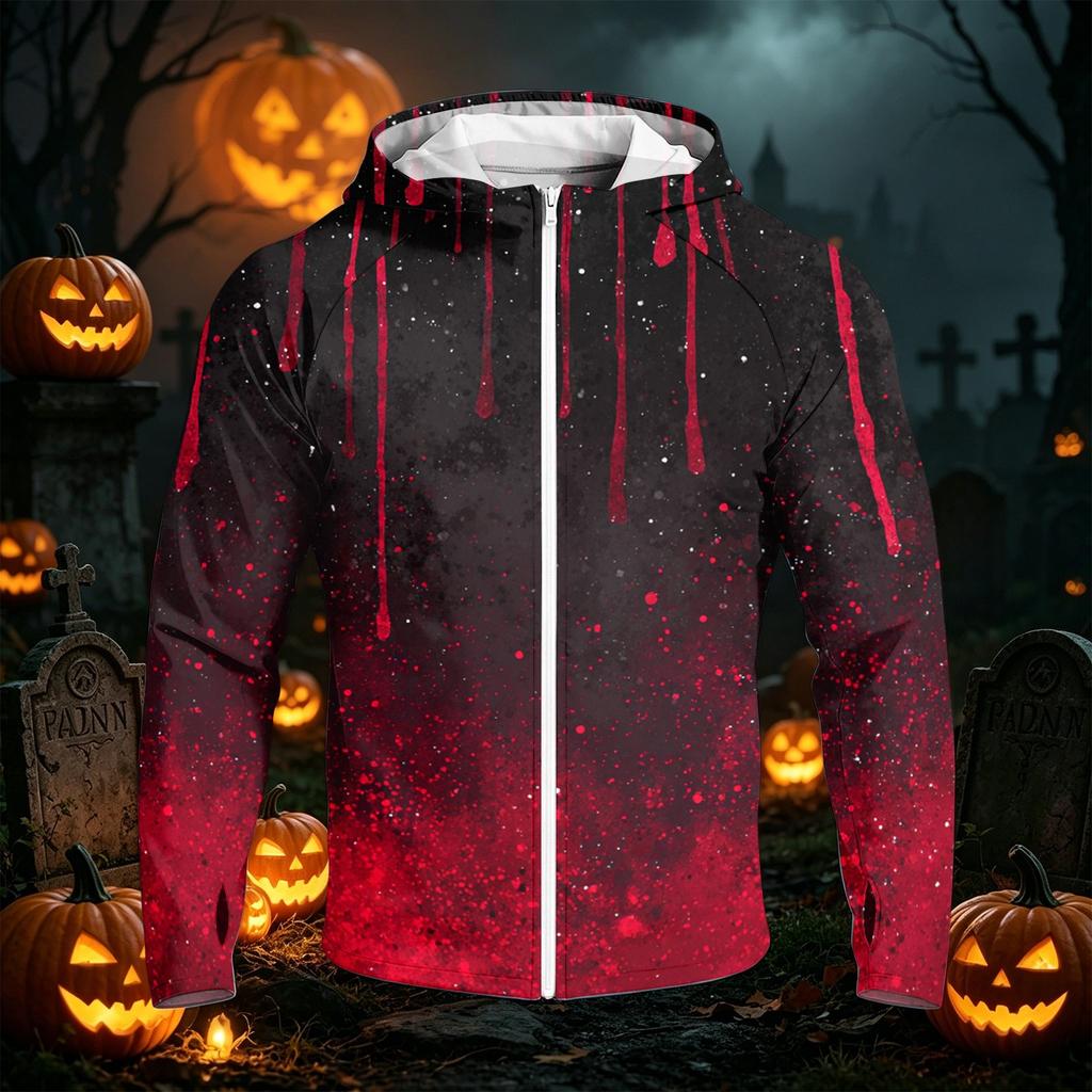 Men Raglan Sleeve Hooded Sun Jacket Halloween Pumpkin Print Casual Lightweight Zipper Outerwear Top
