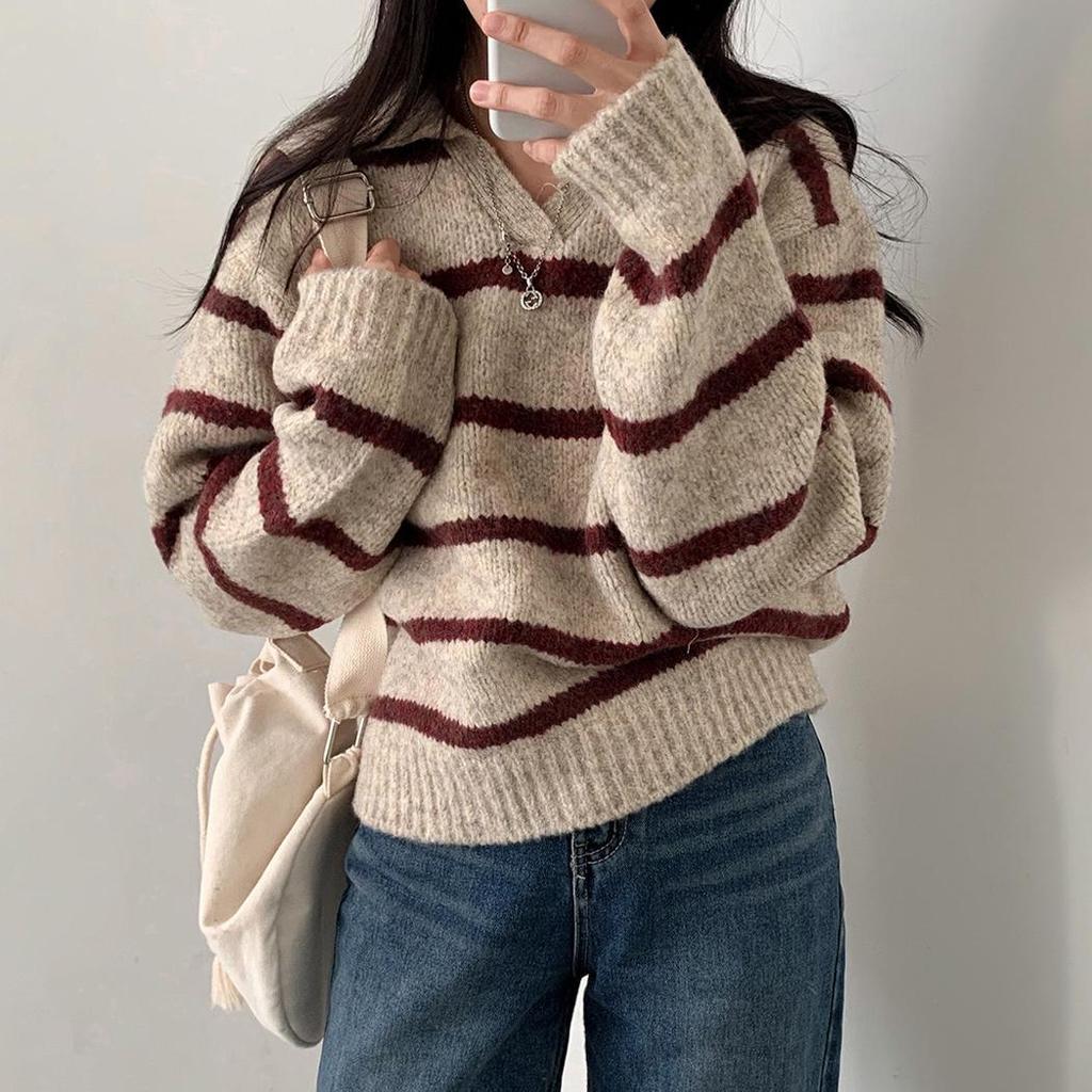 Korean Color Block Stripe Lapel Knit Sweater for Women - 2026 Autumn/Winter Collection