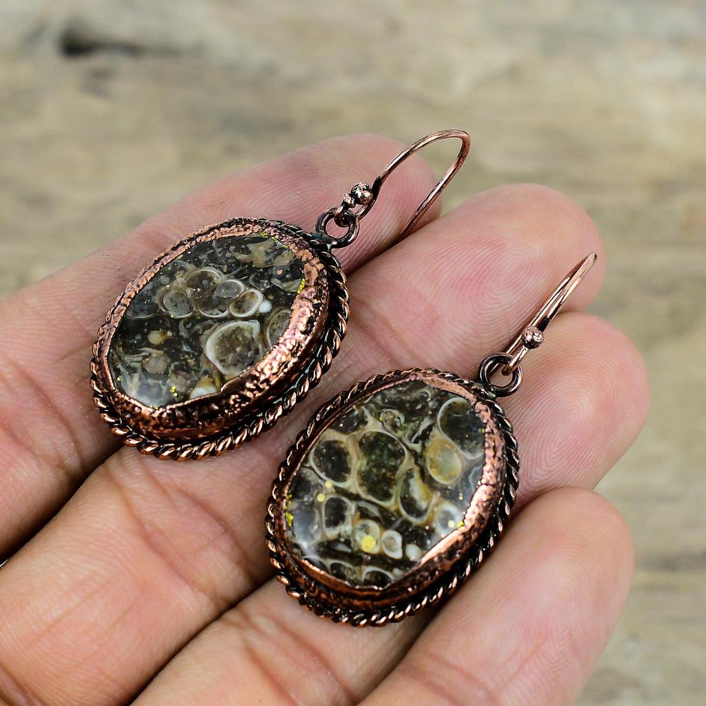 Turritella Agate Earring Electroformed Copper Earrings Antique Jewelry Real Gemstone Earrings Gifts For Wife Handmade Electroformed Jewelry
