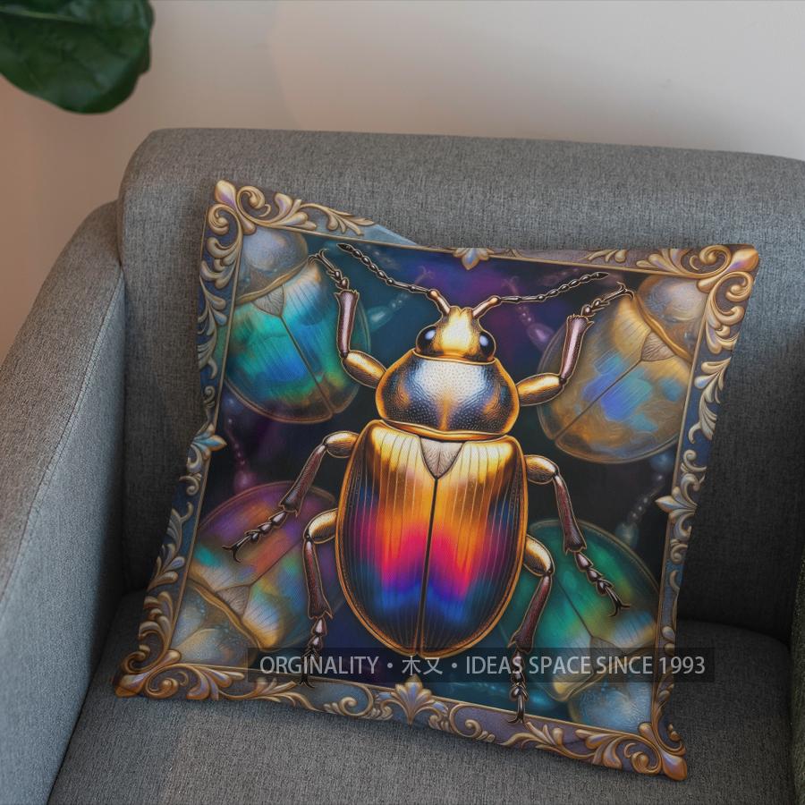 2D Colorful Beetle In Ornate Frame Throw Pillow Pattern Cushion Cover Suitable For Sofa Bedroom Car Pillow Cover