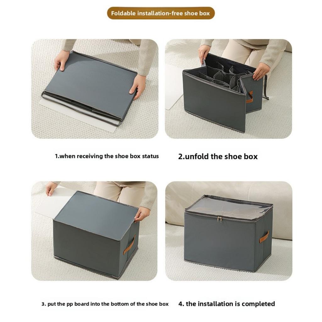 Oxford Cloth Space Saving Shoe Storage Organizer, with Adjustable Partition, Foldable, Suitable for Shoes, Clothes, and Accessories, with Zipper