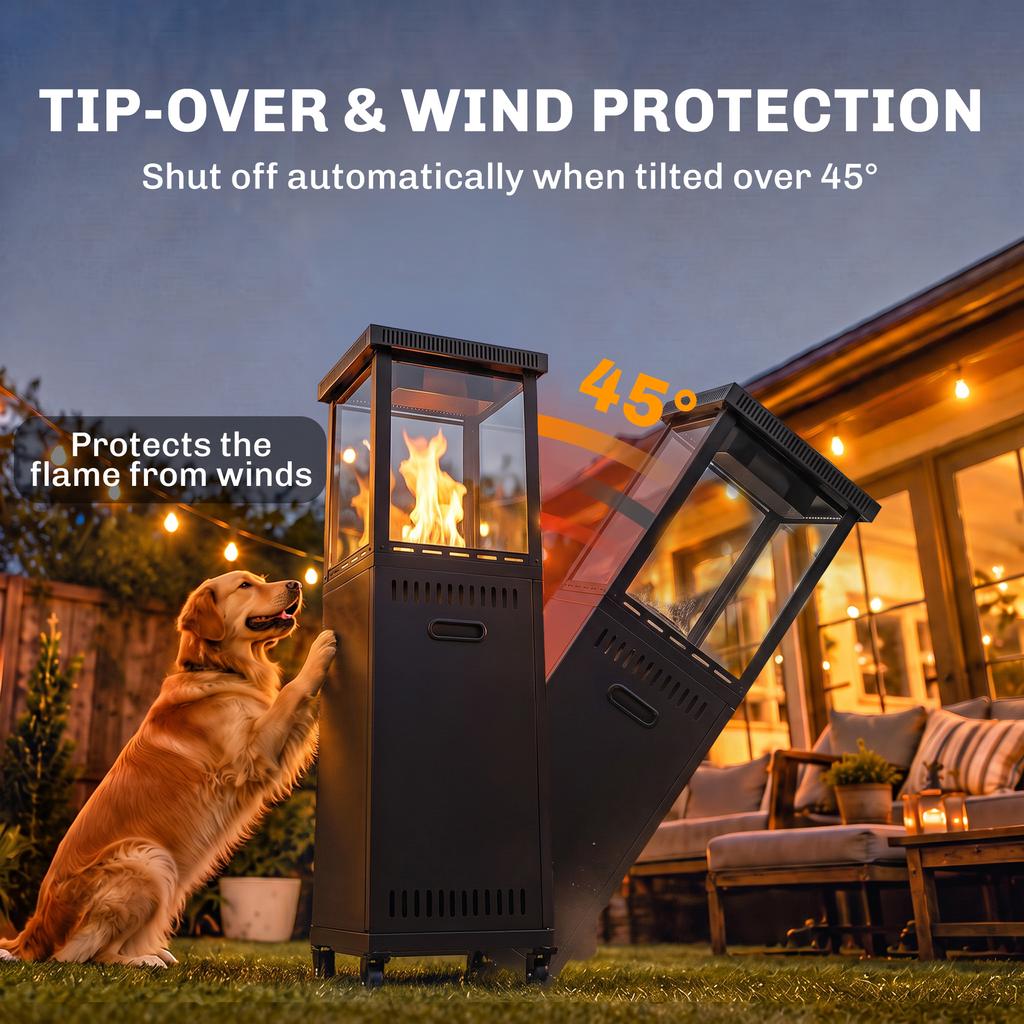 Gas Patio Heater, 13 kW Portable Propane Outdoor Heater with Stepless Heat Control, Tip-over Protection, 4 Wheels, Black