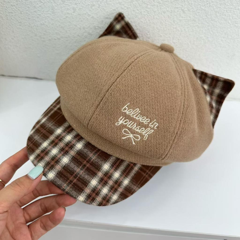 Cute Cat Ear Embroidery Hat Women's Wide Brim Small Octagonal Hat Fashion Versatile Painter Hat Duck Tongue Beret