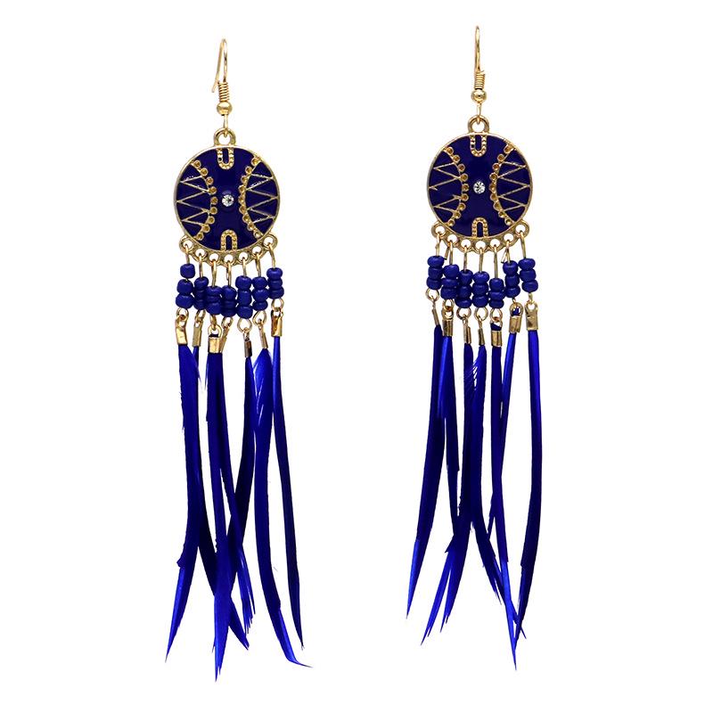 Trendy Ethnic Retro Multicolor Feather Beaded Circle Dangle Earrings