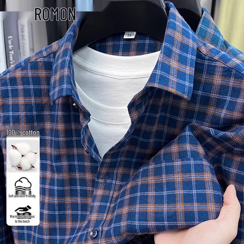 ROMON Men s Wrinkle-Resistant Pure Cotton Plaid Long Sleeve Casual Shirt 45