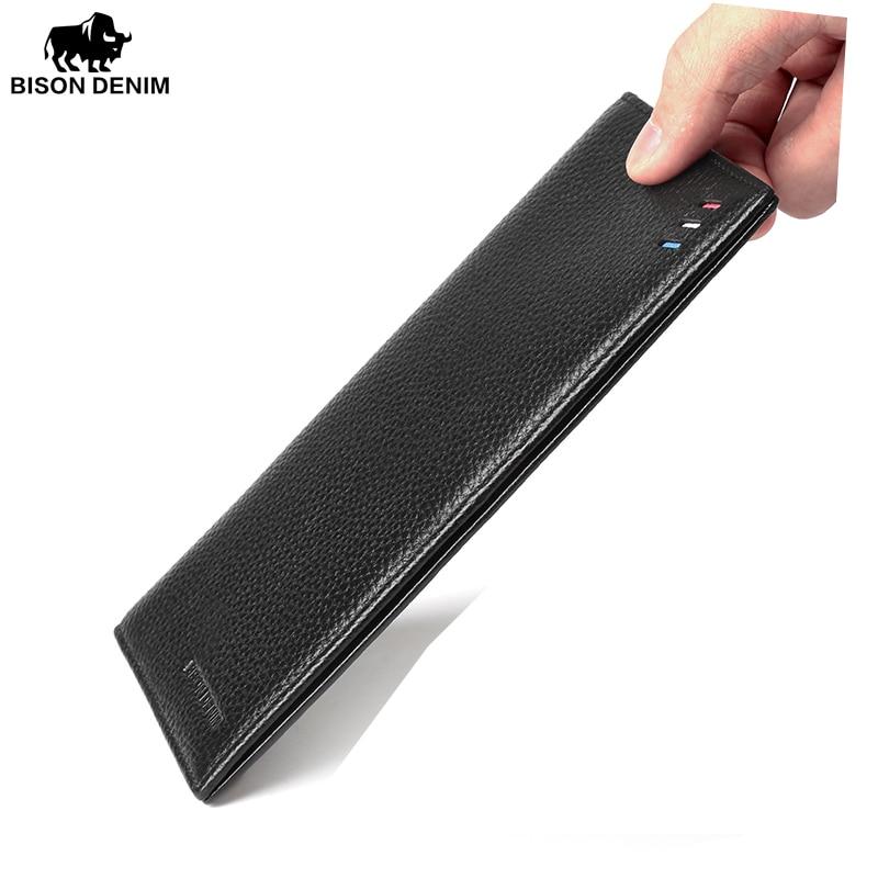Bison Denim Mode Luxus Echtes Leder Männer Brieftaschen Lange Schlanke Bifold Brieftasche Kreditkarte Halter
