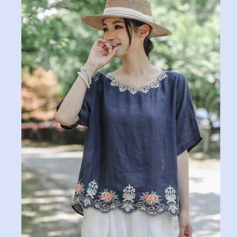 This year's new cotton and linen short-sleeved women's embroidery literary and retro style casual versatile loose round neck summer comfortable thin