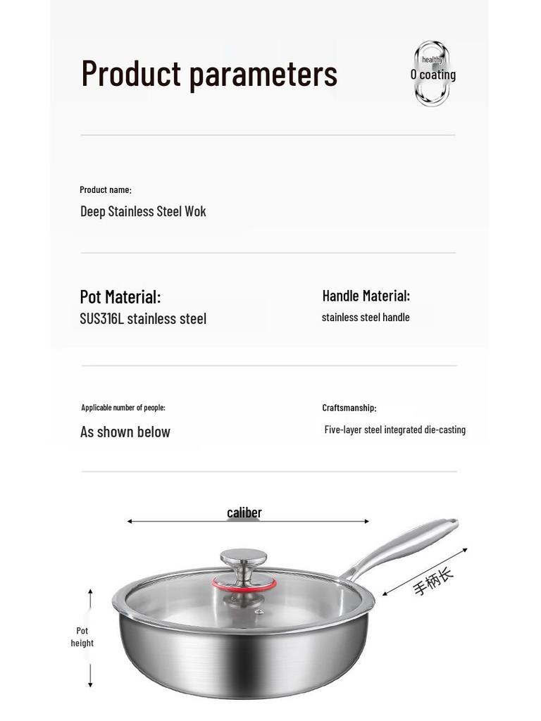 316 Stainless Steel Non-Stick Wok, Flat Bottom, Induction Compatible, Deepened Stir-Fry Pan