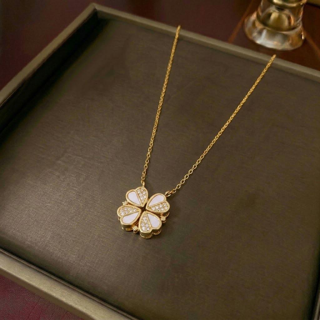 Women's Heart-Shaped Necklace with Four-Petal Flower, Cubic Zirconia, Titanium Steel Clavicle Chain - Elegant and Versatile Accessory