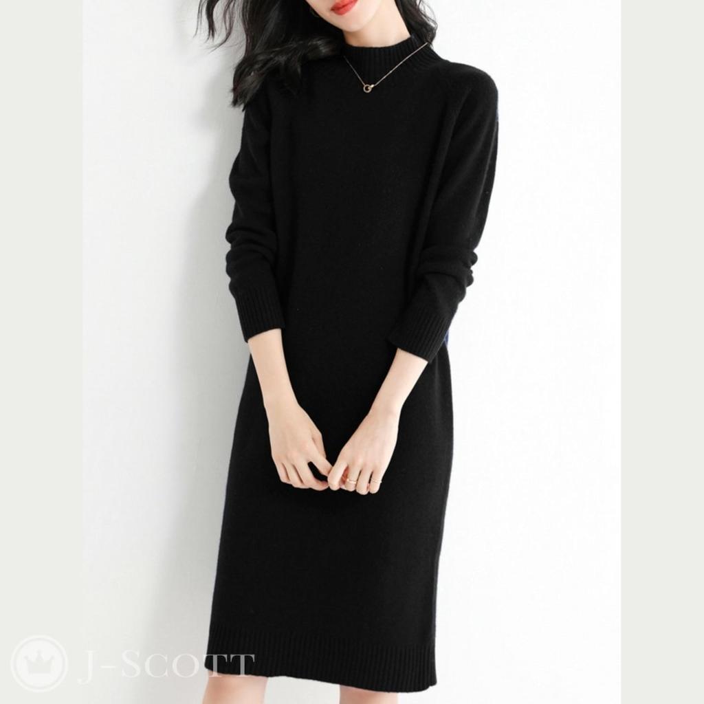 Knit Long Solid Mock Ribbed J-Scott Women's Dress, Knee-Length, Sleeves, Color, Neck, I-Line, Simple, Soft, Black, JS22-BK-XL