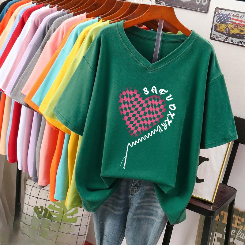 Camiseta de manga curta, Solta, Top V-neck Estampado Emagrecedor para Mulheres