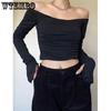 Spring Fall Vintage Sexy Slim T-Shirts Women Harajuku Kawaii Solid Tops Gilr's Korean Fashion Casual Off Shoulder Blouses