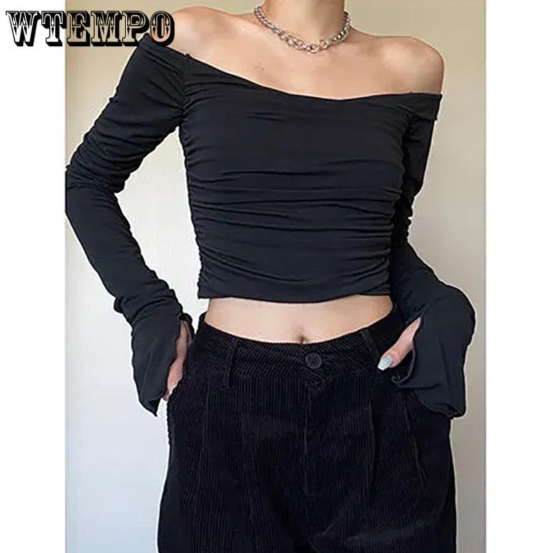 Spring Fall Vintage Sexy Slim T-Shirts Women Harajuku Kawaii Solid Tops Gilr's Korean Fashion Casual Off Shoulder Blouses