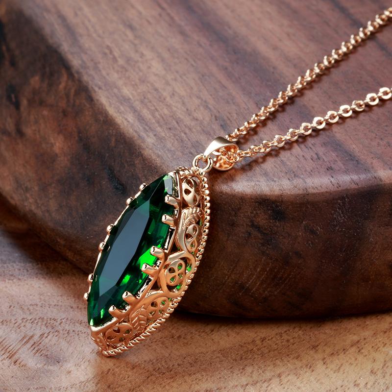 Rose Gold Color Ethnic Bride Pendant Necklace Vintage Jewelry Big Rhombus Natural Zircon Fine Pendant For Women