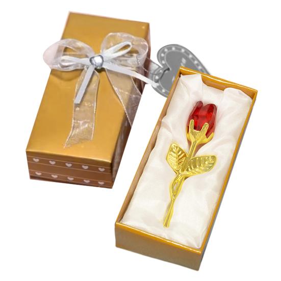 Faux Crystal Rose Flower Gift with Metal Stem Clear Flower Figurine with Gift Box