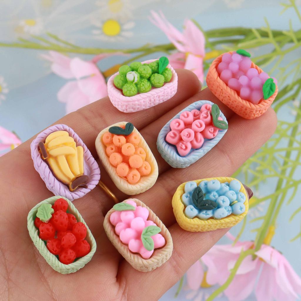 8PCS Kawaii Shiny Fruit Basket Miniature Flat Back Resin Cabochons for Hairpin Scrapbooking DIY Home Decor Craft Accessories