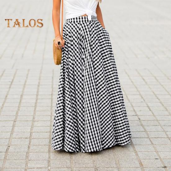 Jupe longue élastique taille haute pour femme, imprimé écossais, jupe trapèze avec poches, grand ourlet, jupe rétro, streetwear