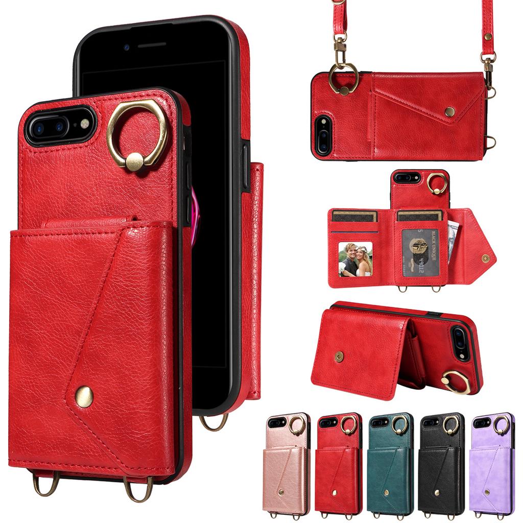 Per iPhone 6/6s/6Plus/7/8,7Plus/8Plus,iPhone SE (2020/2022) Tracolla Corda Anello Staffa Design Porta Carte Slot Copertura con Texture Litchi Custodia per Telefono