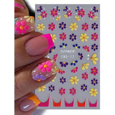1pcs Colorful Flower 5D Embossed Nail Stickers French Floral Nail Art Design Summer Decals DIY Adhesive Slider Summer Manicure Decor Nail Supplies