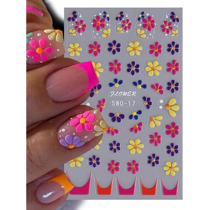 1pcs Colorful Flower 5D Embossed Nail Stickers French Floral Nail Art Design Summer Decals DIY Adhesive Slider Summer Manicure Decor Nail Supplies