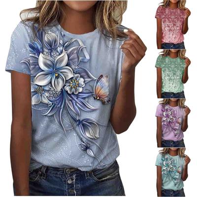 Women's Fashion Casual Short Sleeve Printed Round Neck Loose Pullover Top