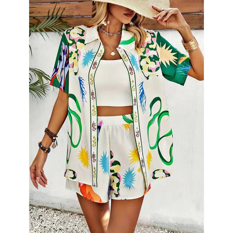 

European and American Women clothes New Fashion Print Leisure Cardigan Print Shorts Set Color 2 XL
