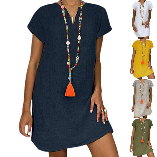 Fashion Dress V Neck Basic Plus Size Pure Color Ladies Dress for Daily Life