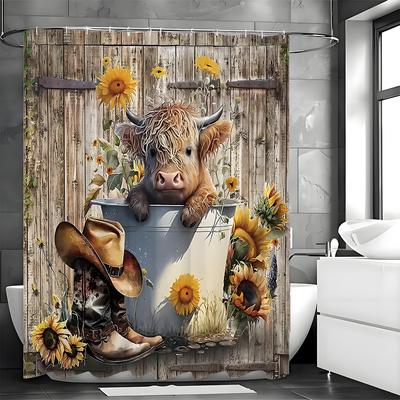Highland Cow Sunflower Shower Curtain, Bathroom Decorative Shower Curtain, Waterproof Shower Curtain with Hooks
