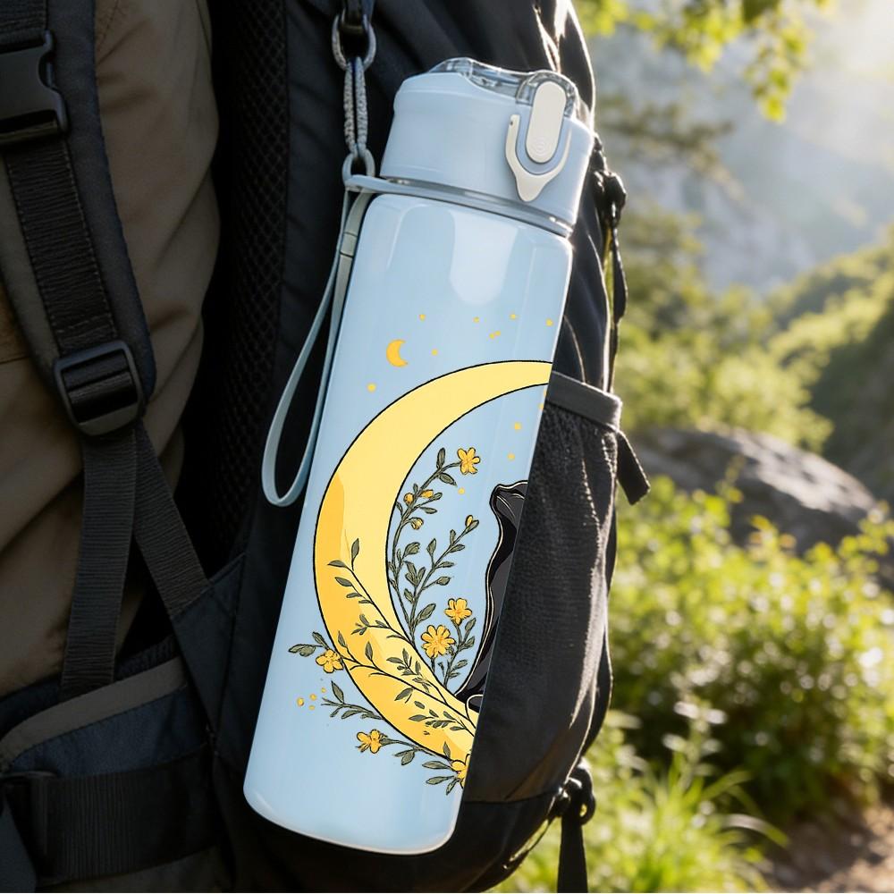 1PC Black Cat Moon Night Scene Print 750ml Color Plastic Sports Water Bottle Leakproof Flip Straw Lid Suitable for Sports Office Home Use