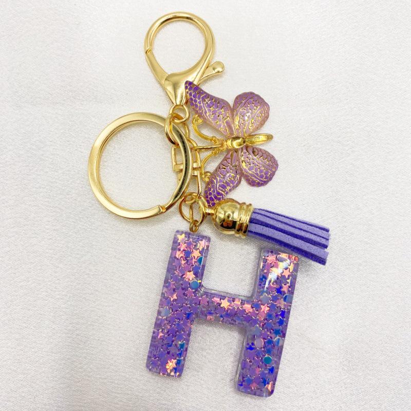26-Letter Alphabet Resin Keychain with Star Sequins & Tassel Charm