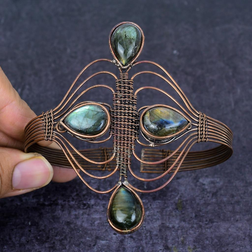 Labradorite Gemstone Copper Wire Wrap Cuff Bangle Adjustable