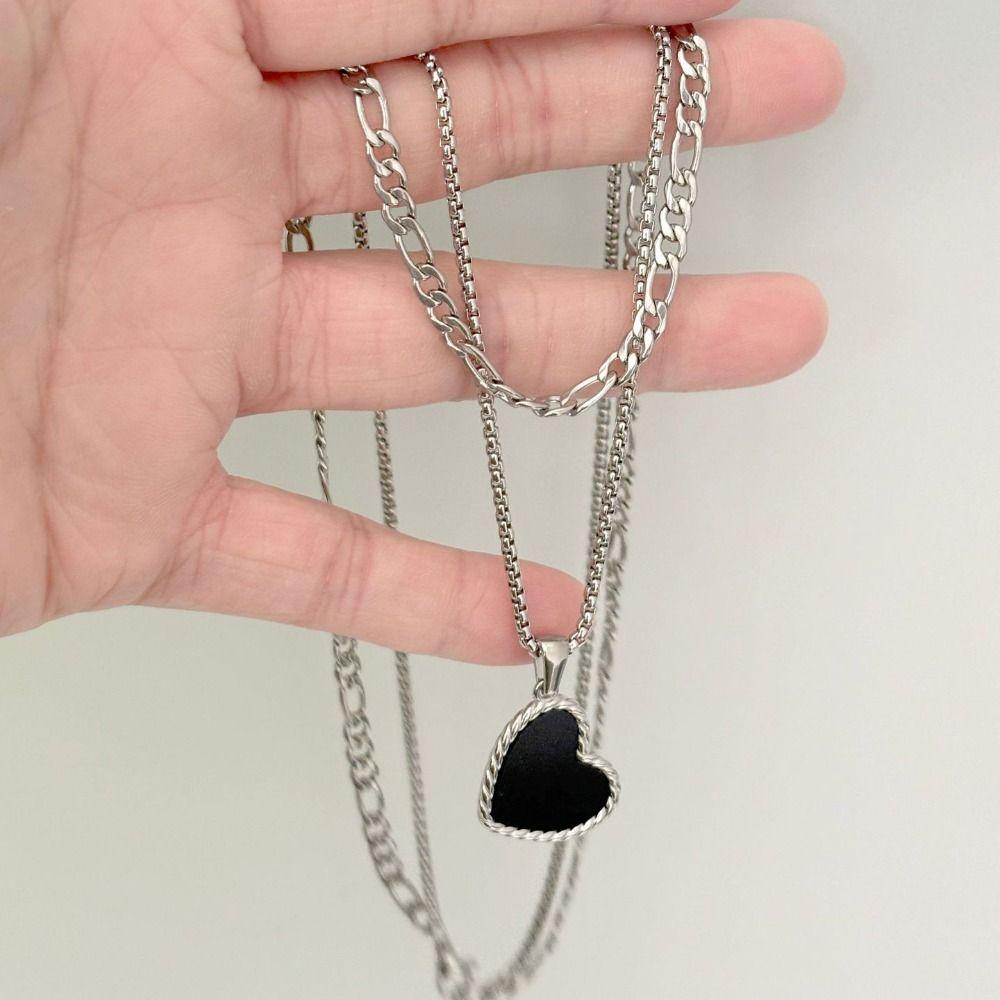Titanium Steel Double Stacked Neck Chain Sweet Charm Heart Clavicle Chain  Birthday Gift